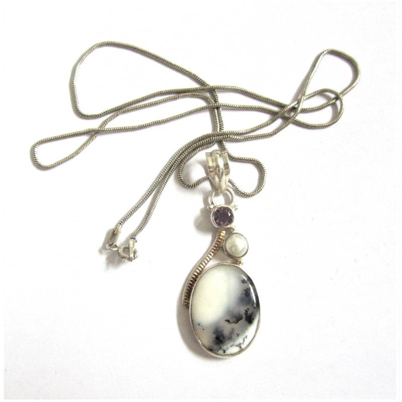 Moss agate silver pendant and necklace