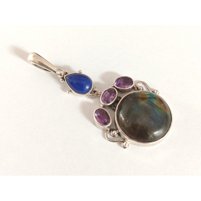 Silver pendant with labradorite, amethyst and...