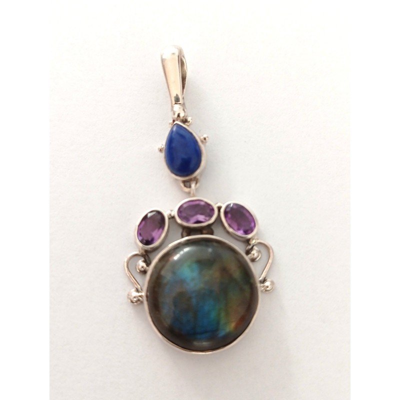 Silver pendant with labradorite, amethyst and...
