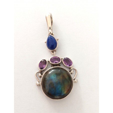 Silver pendant with labradorite, amethyst and lapis lazuli