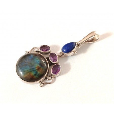 Silver pendant with labradorite, amethyst and lapis lazuli