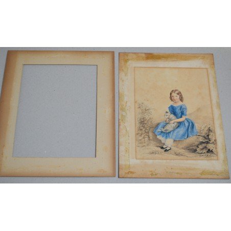 Girl with a cat, antique watercolour, England, 19th century