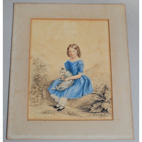 Girl with a cat, antique watercolour, England, 19th century