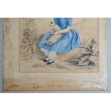 Girl with a cat, antique watercolour, England, 19th century