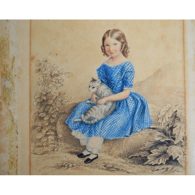Girl with a cat, antique watercolour, England,...