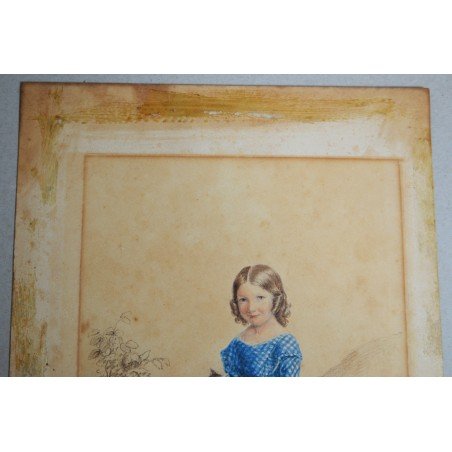Girl with a cat, antique watercolour, England, 19th century