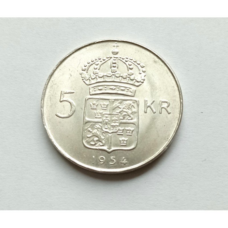 Swedish 5 kronor silver coin - 1954