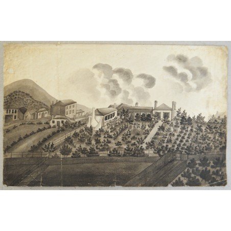 Landscape with houses, antique watercolour, 19th century