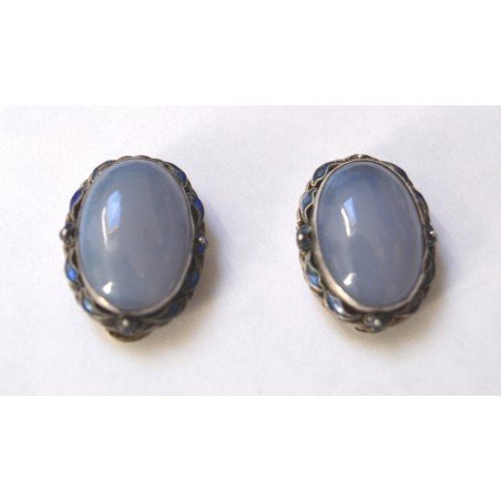 Antique silver, jade and enamel scarf/lapel clip set