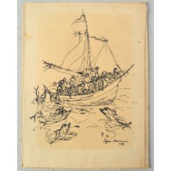 Ligia Macovei "Ship" pen and ink drawing, 1956.