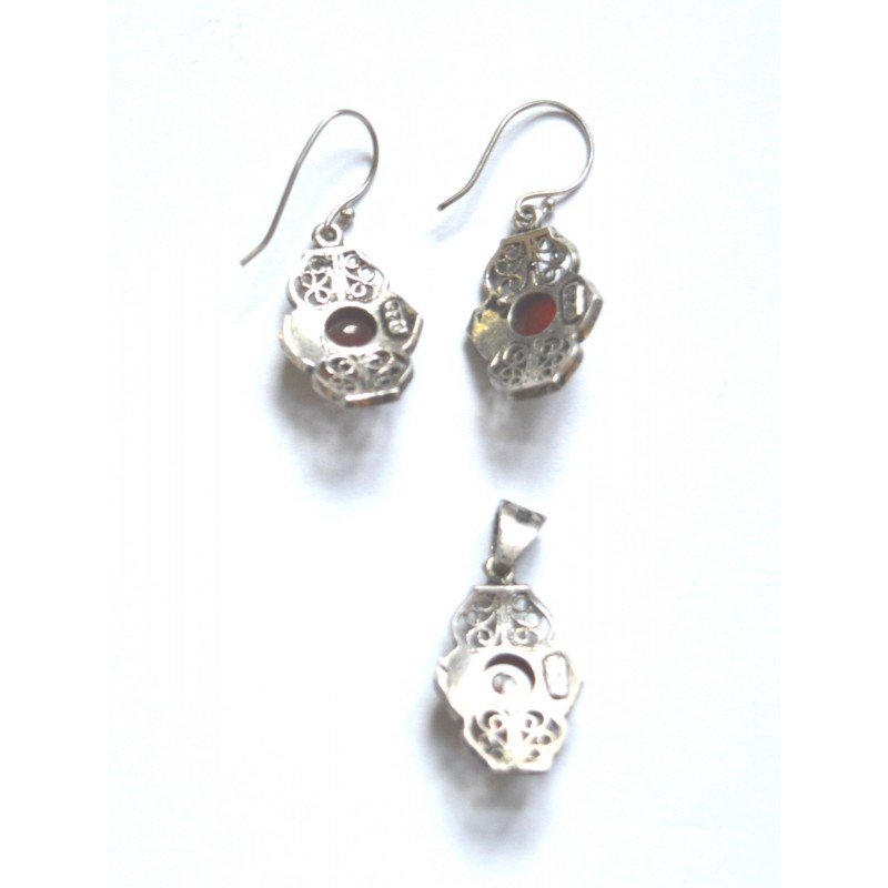 Silver filigree earrings and pendant set with...