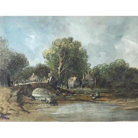 "Landscape with a Stone Bridge" antique watercolour after Rembrandt