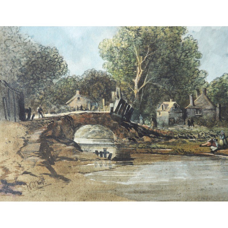 "Landscape with a Stone Bridge" antique...