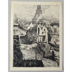 Ernest Marie Herscher "Paris Street" antique engraving