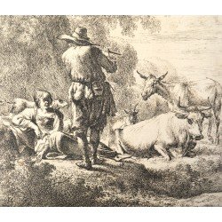 Nicolaes Berchem "Pastor cantand la flaut" gravura veche 1644-45