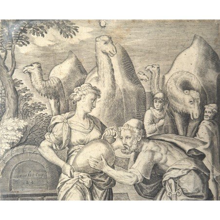 "Rebecca Giving Water to Eliezer at the Well" engraving, 1585