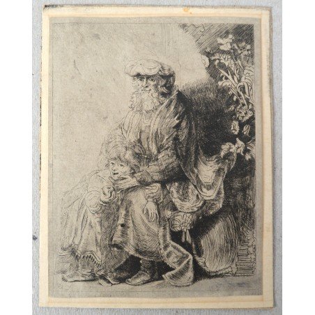 Rembrandt "Abraham Caressing Isaac" antique engraving