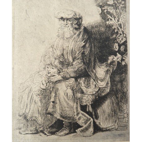 Rembrandt "Abraham Caressing Isaac" antique engraving