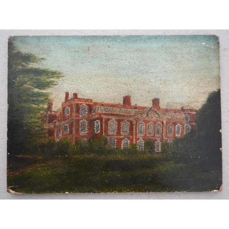 "Landscape with a Building" oil on wood panel,...
