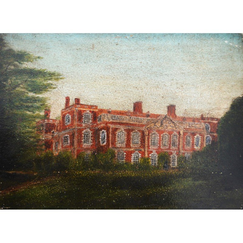 "Landscape with a Building" oil on wood panel,...