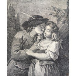 Johann Jacob Haid "Les Caresses Reciproques" gravura veche cca 1760