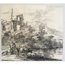 Jan Both "Two Cows by the River" antique engraving, circa...