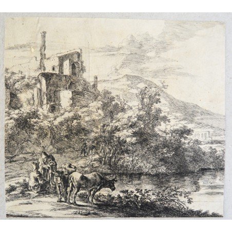 Jan Both "Two Cows by the River" antique engraving, circa 1644-52