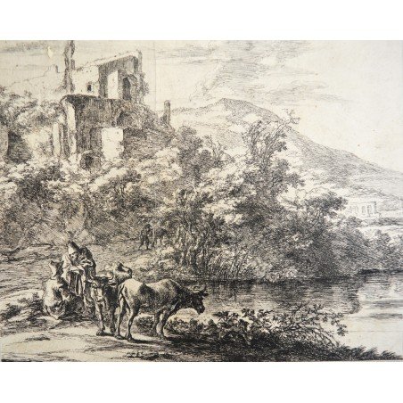 Jan Both "Two Cows by the River" antique engraving, circa 1644-52