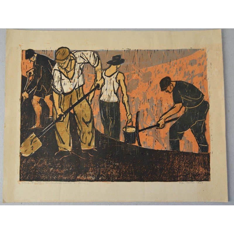 Eva Cerbu "Workers" woodcut