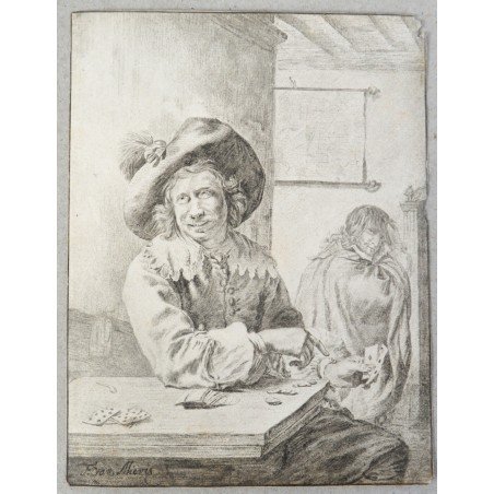 Frans van Mieris "The Card Player" antique engraving, 1777