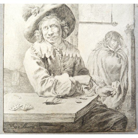 Frans van Mieris "The Card Player" antique engraving, 1777