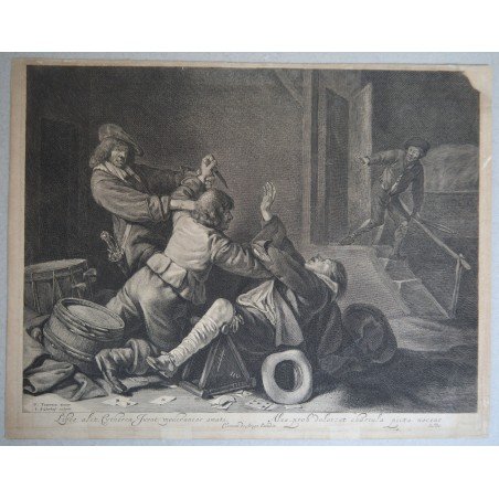 Gerard Ter Borch "Soldiers Brawling" antique engraving, 1640-1680