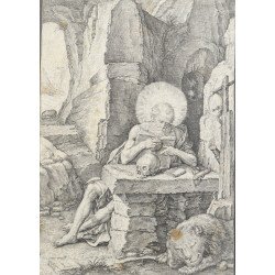 Lucas van Leyden "Sfantul Ieronim in pestera" gravura veche cca 1590