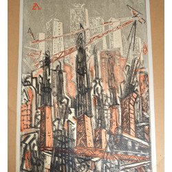 Alexandrina Zberea "Construim" linogravura arta proletcultista