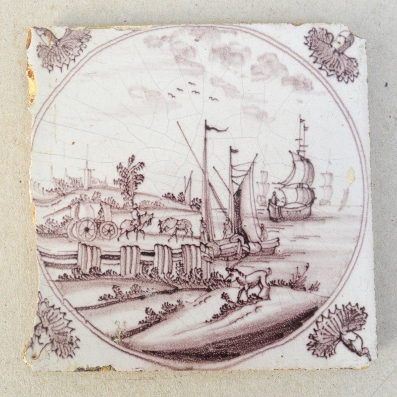 Marine scene, Delft ceramic tile, 18th century