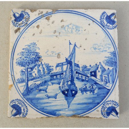 "Boat on a Canal" Delft ceramic tile, 18th century