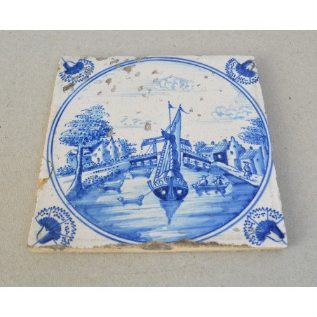 "Boat on a Canal" Delft ceramic tile, 18th century