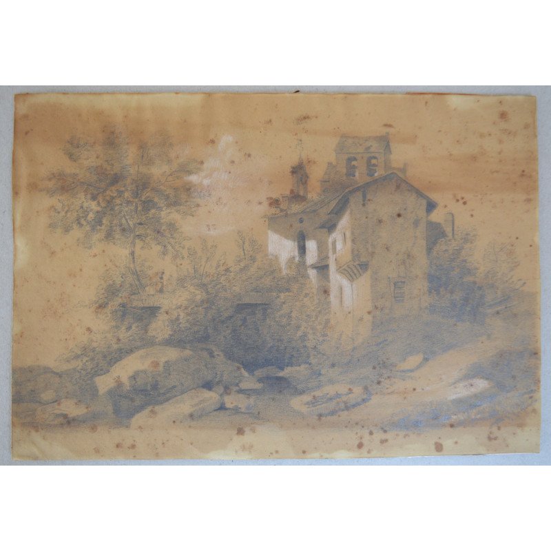 Landscape with a church, antique drawing
