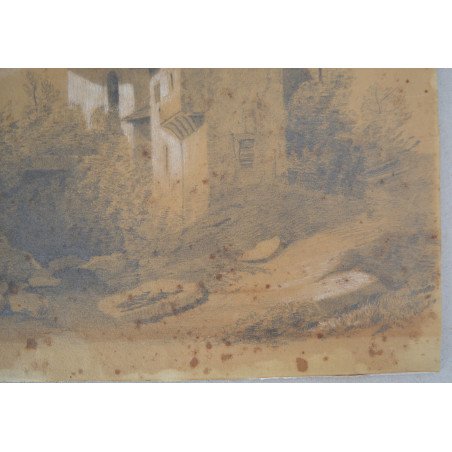 Landscape with a church, antique drawing