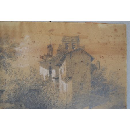 Landscape with a church, antique drawing