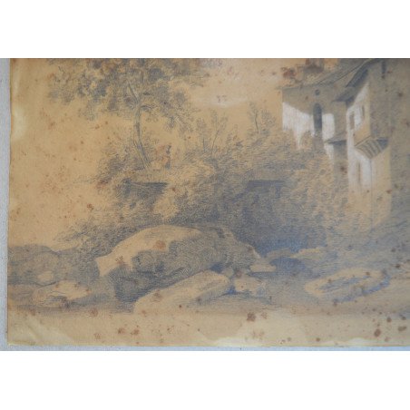 Landscape with a church, antique drawing