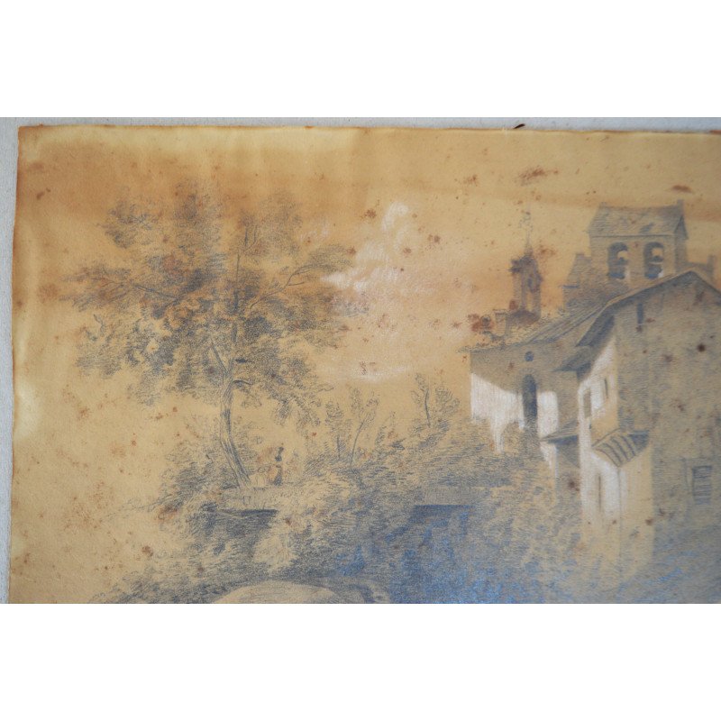 Landscape with a church, antique drawing
