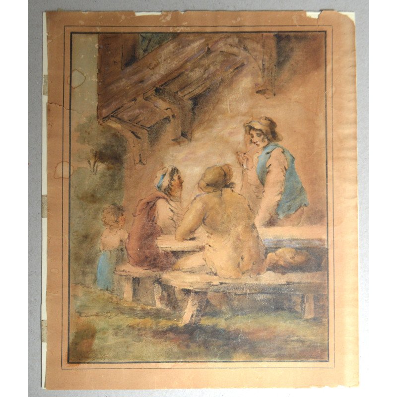 "Tavern Scene" antique watercolour in the style...