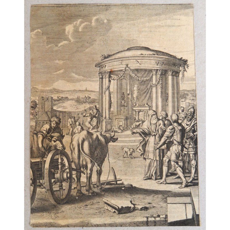 Matthias Scheits "Dagon cazand inaintea Arcei" gravura veche 1672