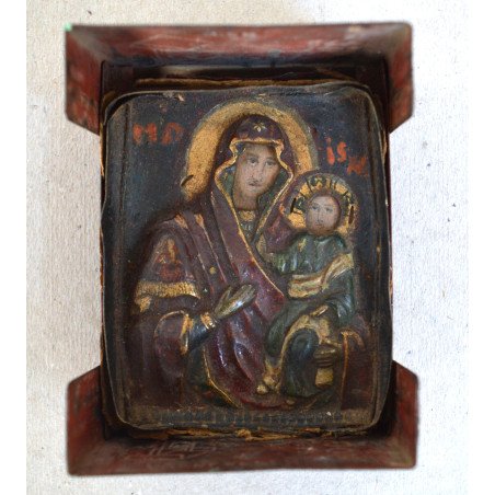 Icon "The Mother of God and the Child" in an Esbit Kocher Wehrmacht pocket stove, WWII