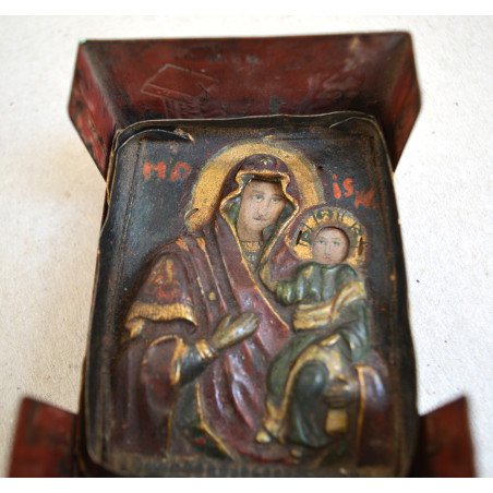 Icon "The Mother of God and the Child" in an Esbit Kocher Wehrmacht pocket stove, WWII