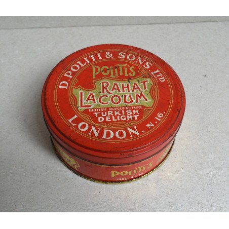D. Politi & Sons Ltd tin, British Manufacturer, Turkish Delight Rahat Lacoum, London N.16, circa 1960