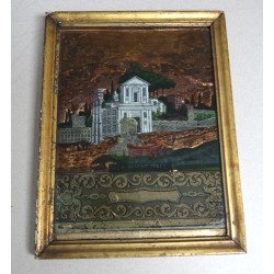 "Vedere din Roma" gravura fixata pe sticla si colorata manual Anglia cca 1800