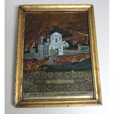 "View of Rome" engraving transferred onto glass and hand-coloured, England, circa 1800