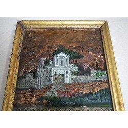 "Vedere din Roma" gravura fixata pe sticla si colorata manual Anglia cca 1800